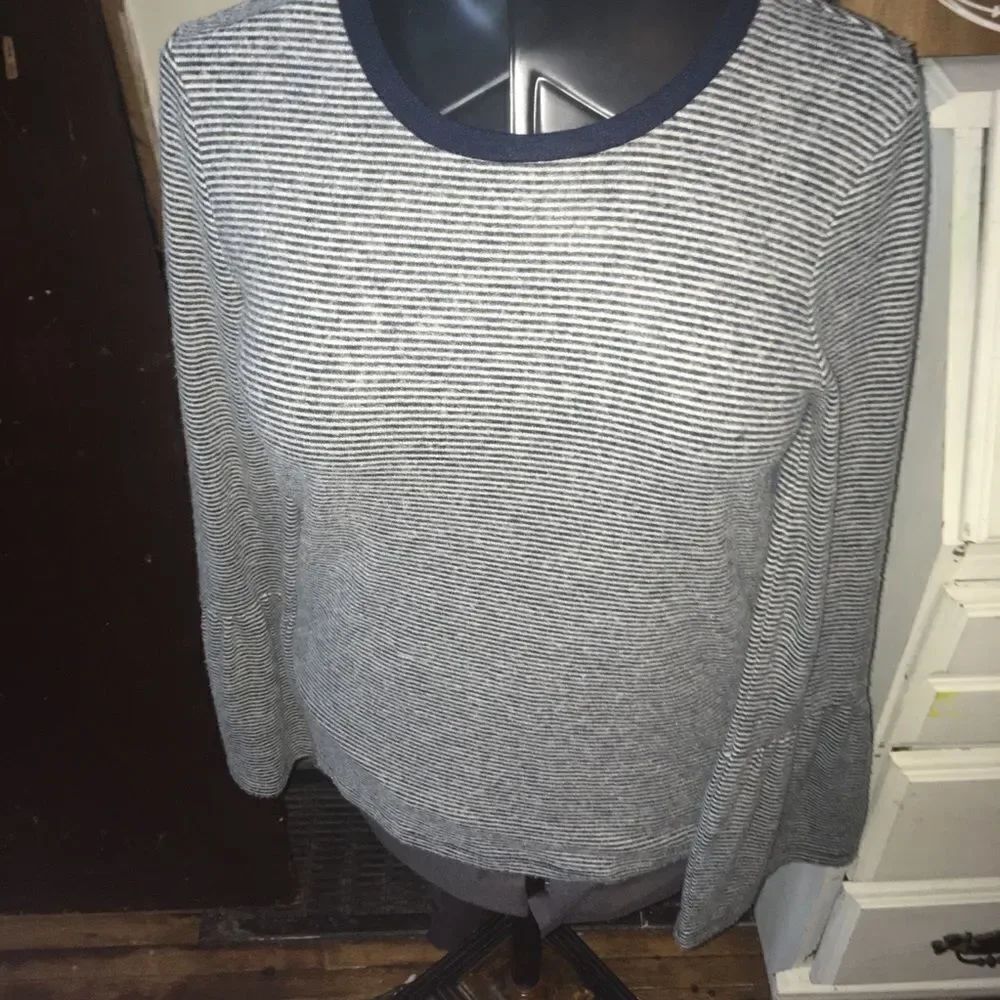 Lucky Brand navy and white thin strip bell sleeve soft S blouse